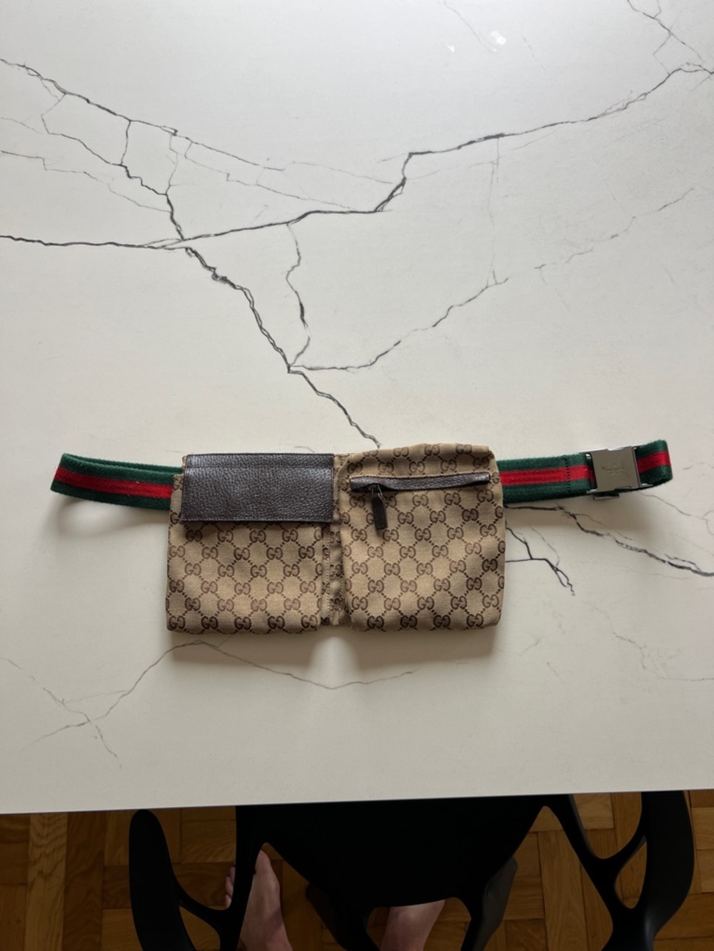 Gucci Brown GG Canvas Belt Bag with Green-Red Web Strap